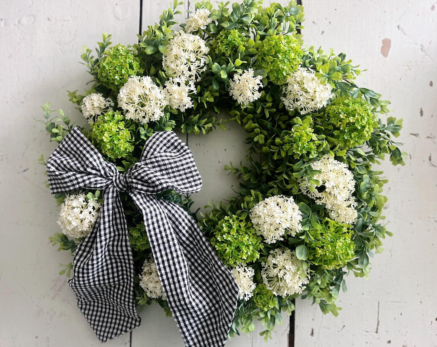 Large Boxwood and Hydrangea Wreath with Gingham Bow