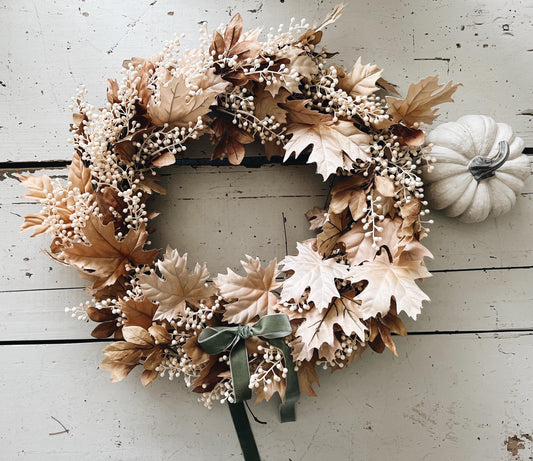 Fall Thanksgiving Wreath Beige Maple Leaves  with Cream Berries and Ribbon