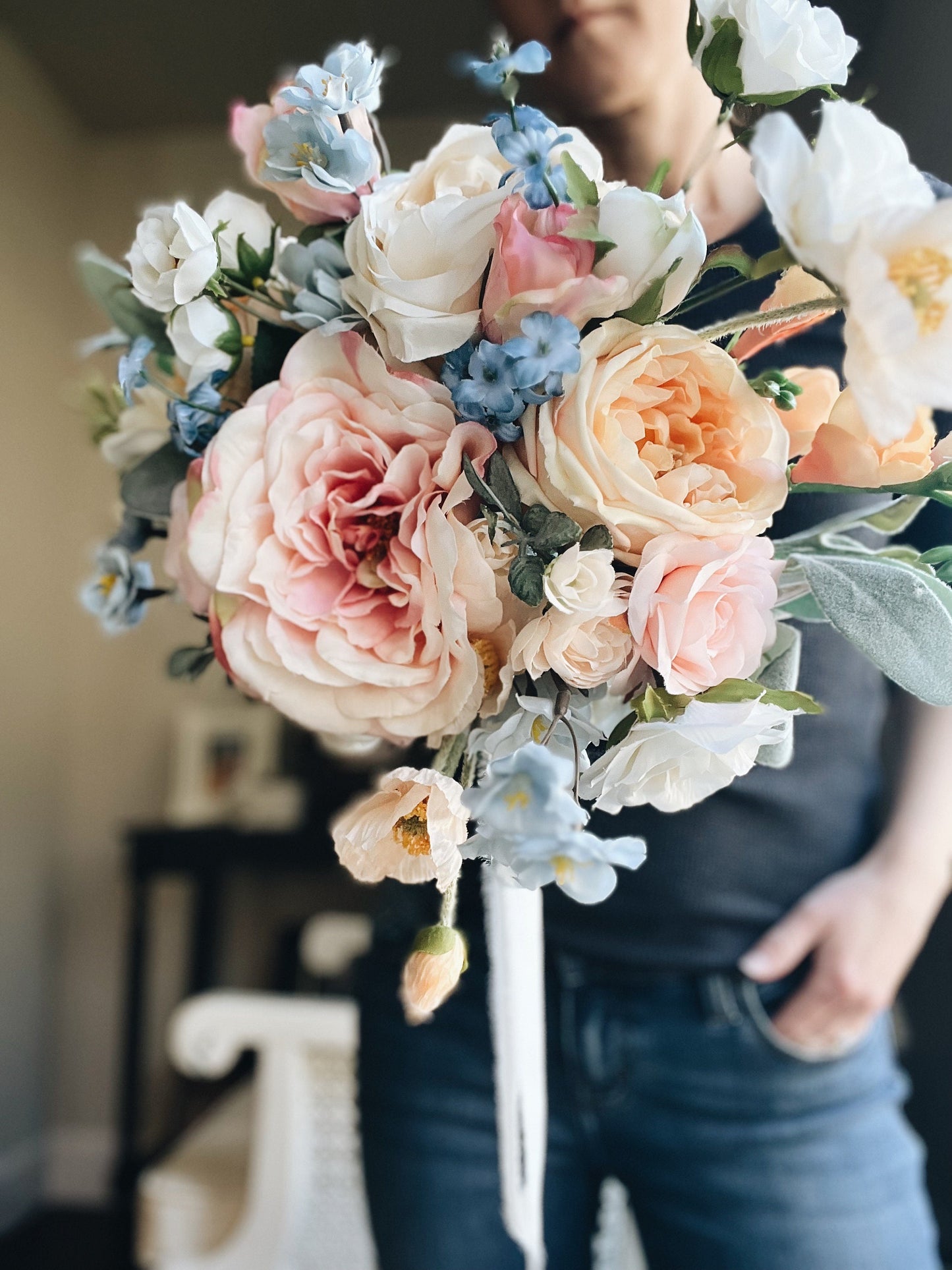 Whimsical and Flowy Pastel Garden Rose Bridal Bouquet - Fairy Tale Wedding Bouquet