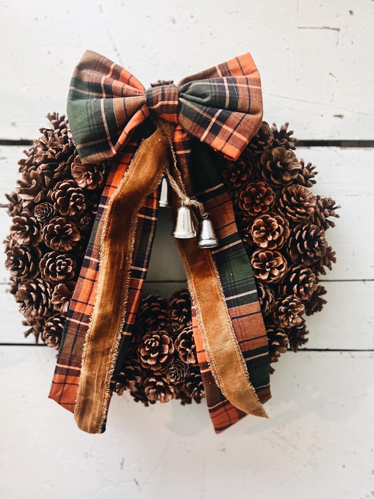 Pinecone Wreath with Thanksgiving Bow and Bells Fall Colors Velvet