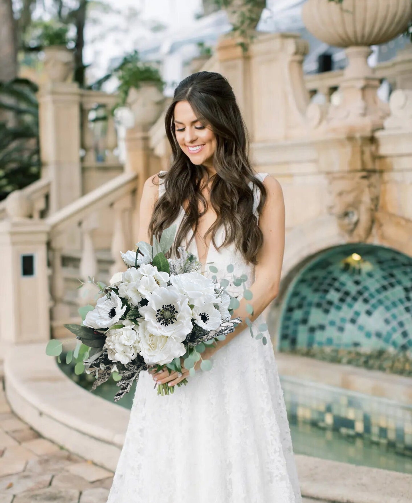 Elegant Classic Anemone Hydrangea Rose Bridal Bouquet - Garden-inspired Wedding Flowers White Cream