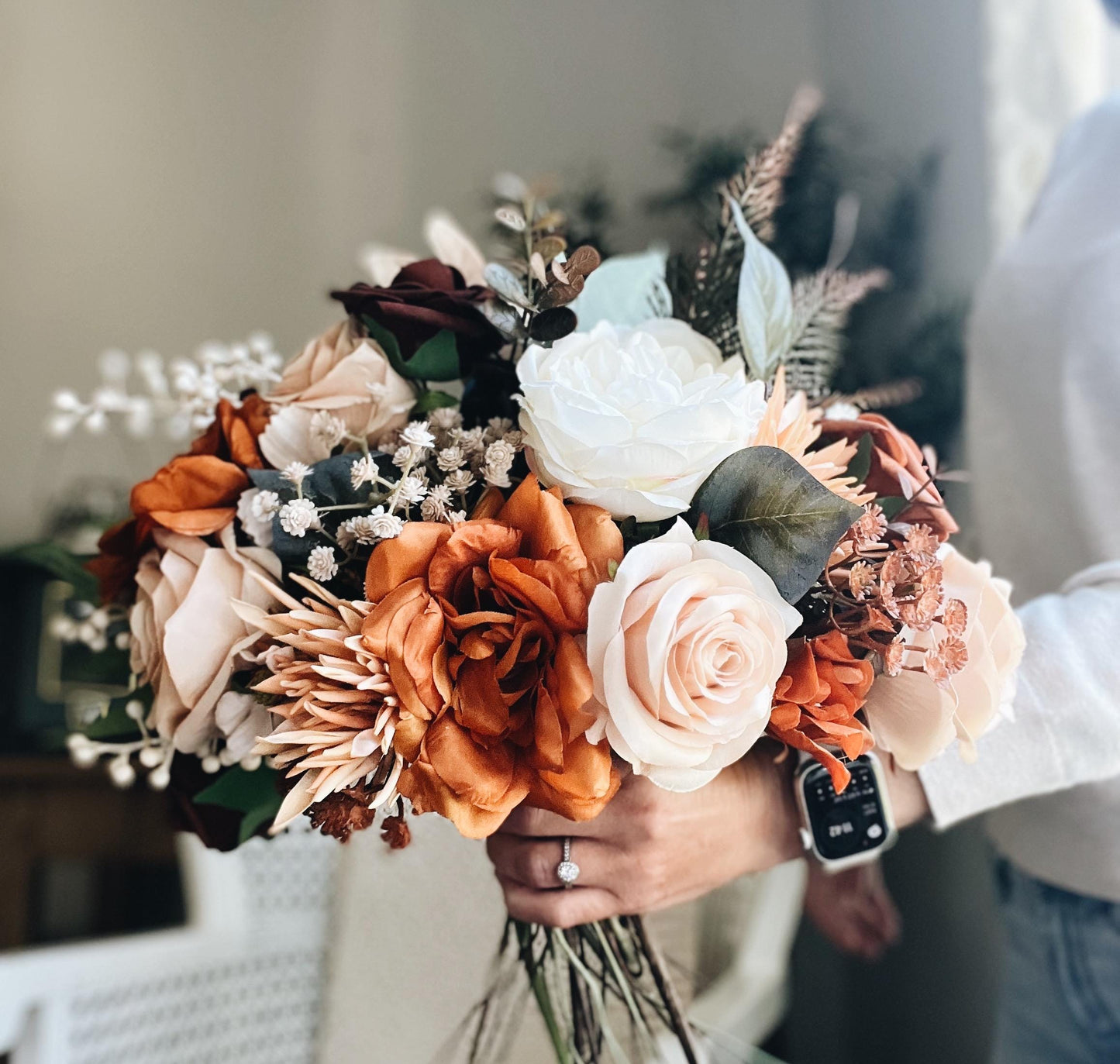 Elegant Autumn Bouquet - Rustic Peach, Cream Garden Roses, Rust Orange Garden Flowers Fall Wedding