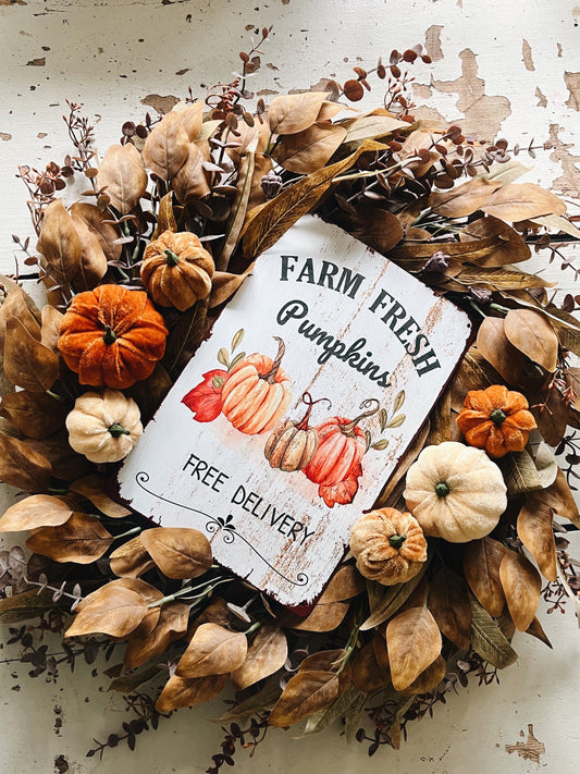 Rustic Velvet Pumpkins Fall Wreath - 26” Autumn Decor with distressed metal Pumpkin Sign