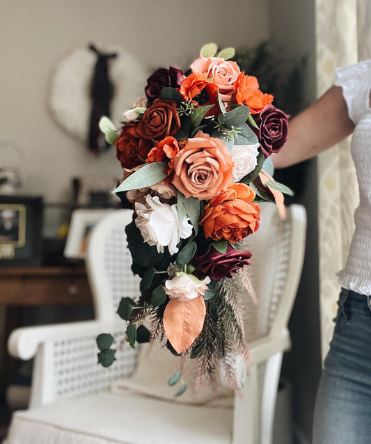 JUST ADDED Fall Late Summer Bridal Bouquet Cascading Flowers for Wedding Burgundy Rust Orange Beige