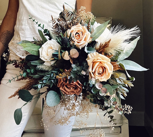 Boho Bridal Bouquet Fall Autumn Summer Loose Natural Flowing Dust Rose Ivory