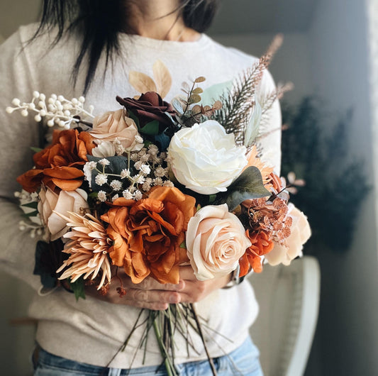 Elegant Autumn Bouquet - Rustic Peach, Cream Garden Roses, Rust Orange Garden Flowers Fall Wedding