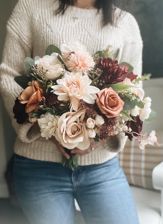 Autumn Fall  Bridal Bouquet with Peach, Dusty Pink, Rust Roses, Burgundy Peonies and Lush Greenery