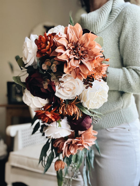 Cascade Bridal Bouquet  perfect for Fall Autumn Summer Terracotta Dahlia Peony Rust Sage Burgundy Garden